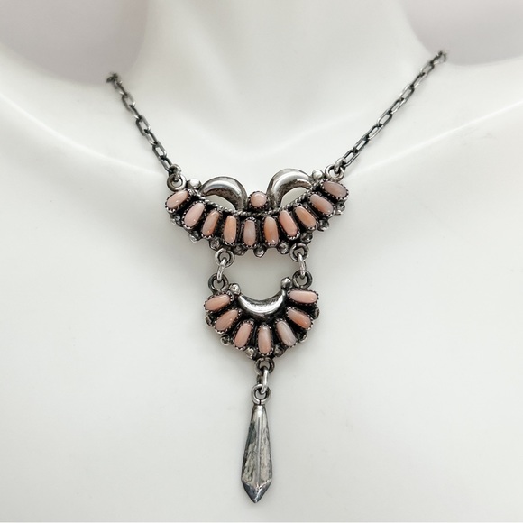 Vintage Bill & Lou Zuni Angel Skin Coral Petit Point Sterling Silver Necklace - Picture 4 of 13